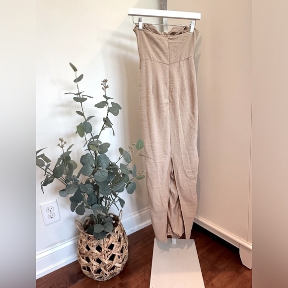 PrettyLittleThing Stone Bandeau Cowl Detail Ruched MIDI Dress Size 0 - Picture 4 of 16